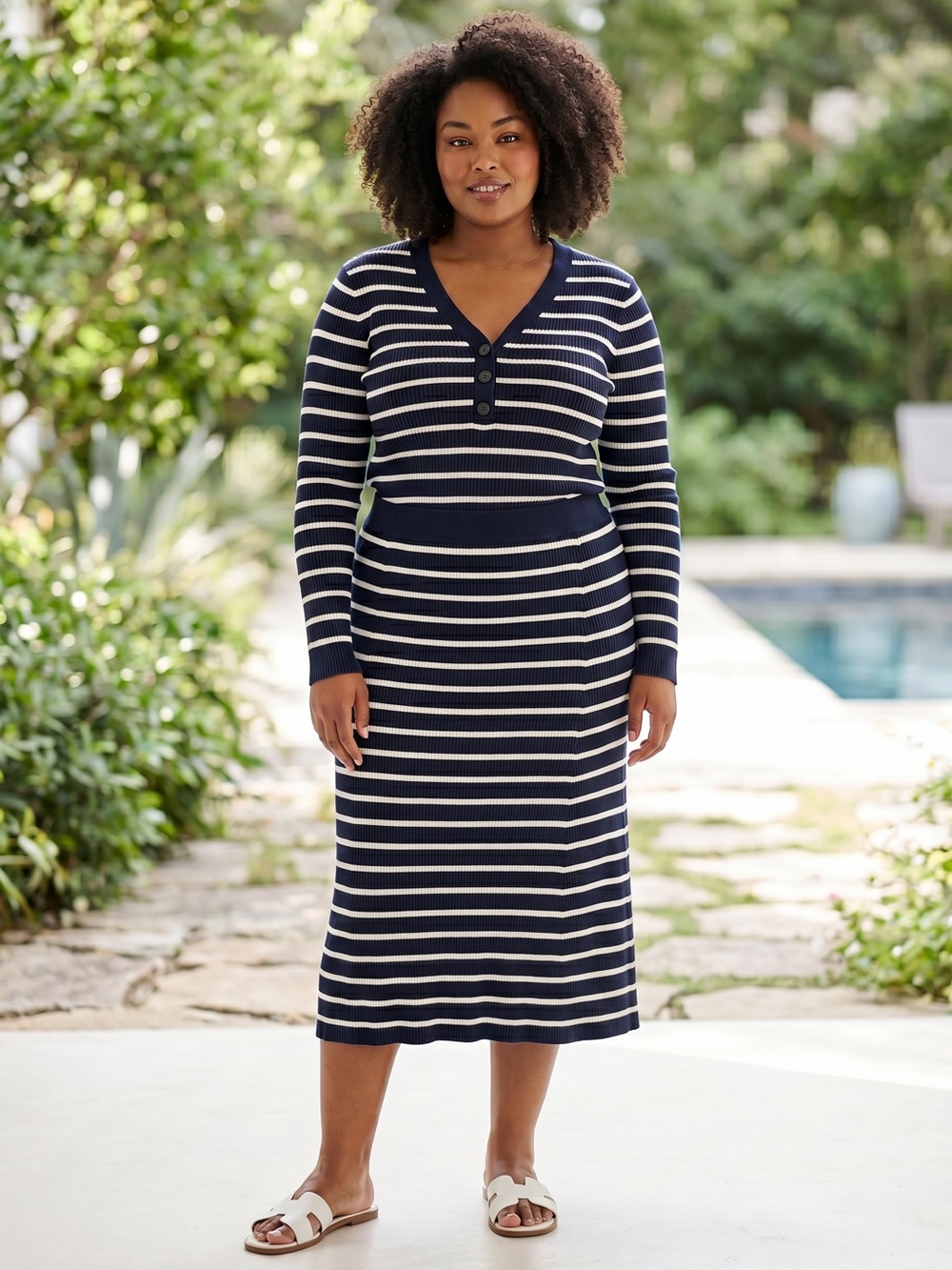 Loft Blue White Stripe Henley Top Skirt Set XLP 2PC V-Neck Coastal Preppy Casual